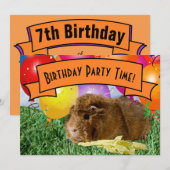 子供の7歳の誕生日パーティーモルモットバルーン 招待状 (正面/裏面)