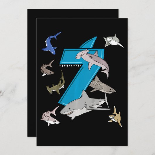 子供の7歳の誕生日 男の子 サメ 白サメ 招待状 (正面/裏面)