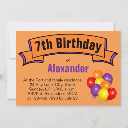 子供の7th誕生日パーティーギニアピグ風船 招待状 (裏面)