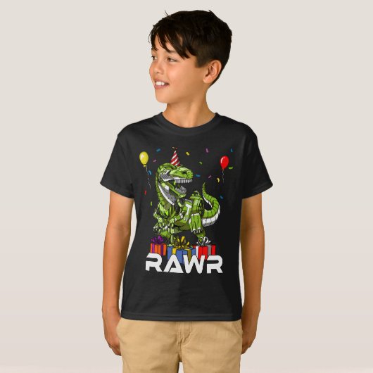 子供のTレックスの恐竜のロボットRawrの誕生日の男の子のパーティー Tシャツ (正面フル)