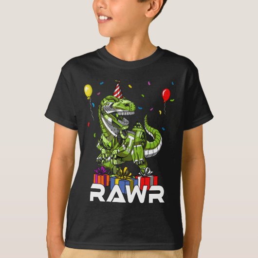 子供のTレックスの恐竜のロボットRawrの誕生日の男の子のパーティー Tシャツ (正面)