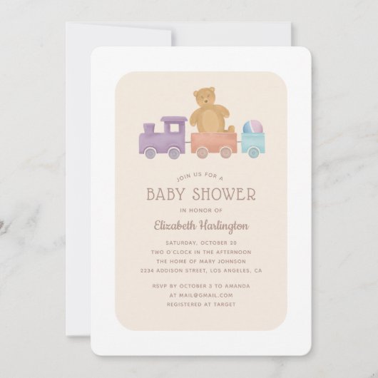 子供はおもちゃと可愛いクマ。赤ちゃん男女兼用シャワー 招待状 (正面)