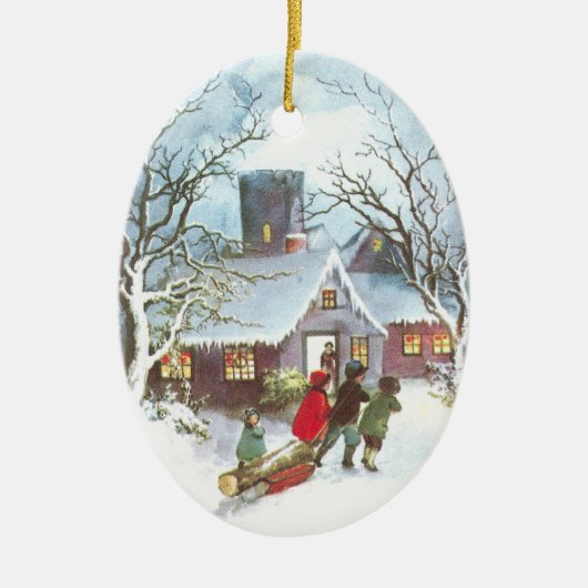 子供はビュッシュ・ド・ノエルのヴィンテージのクリスマスを家に持って来ます セラミックオーナメント (正面)