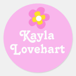 子供はピンクの白い花の女の子のステッカーと名前を付けた ラウンドシール
