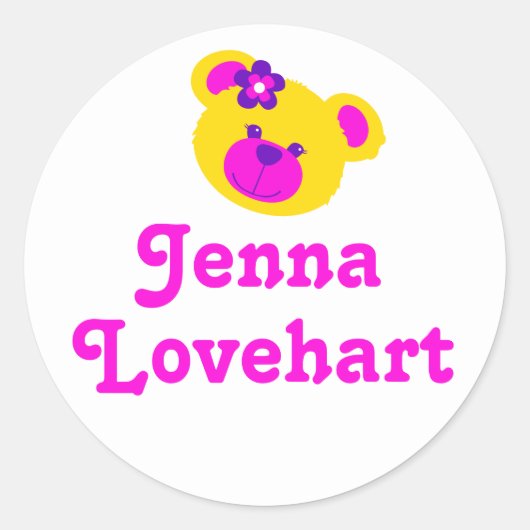 子供はピンクの白teddy女の子のステッカーという名前 ラウンドシール (正面)