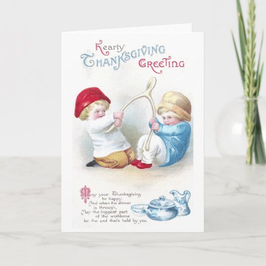 子供は巨大なウィッシュポーンのヴィンテージの感謝祭で引きます シーズンカード (正面)