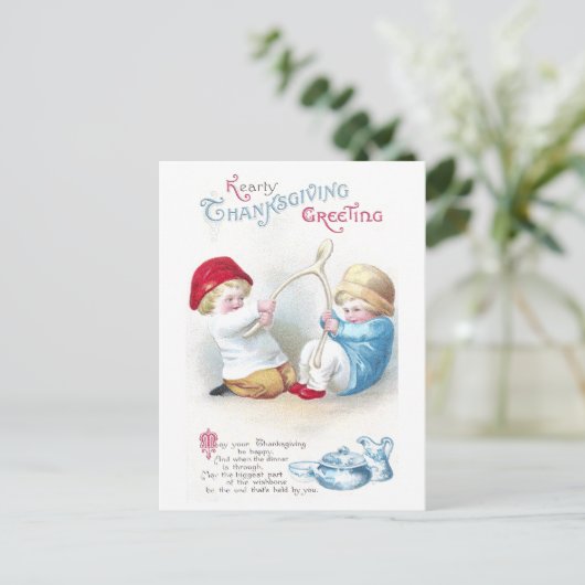 子供は巨大なウィッシュポーンのヴィンテージの感謝祭で引きます シーズンポストカード (スタンド正面)