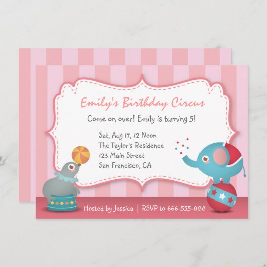 子供へかわいいサーカスの動物のテーマの誕生会 招待状 (正面/裏面)
