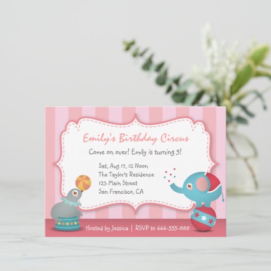 子供へかわいいサーカスの動物のテーマの誕生会 招待状 (スタンド正面)