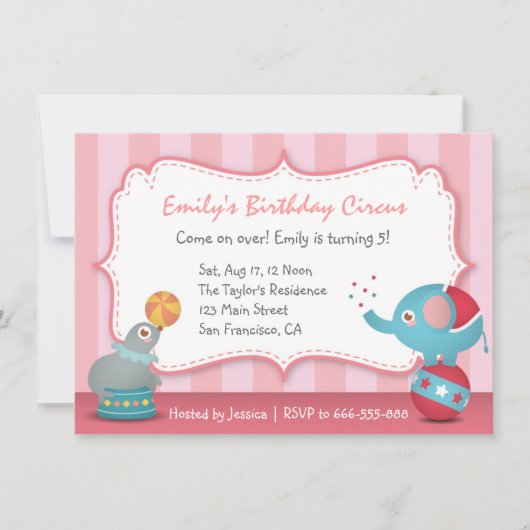 子供へかわいいサーカスの動物のテーマの誕生会 招待状 (正面)