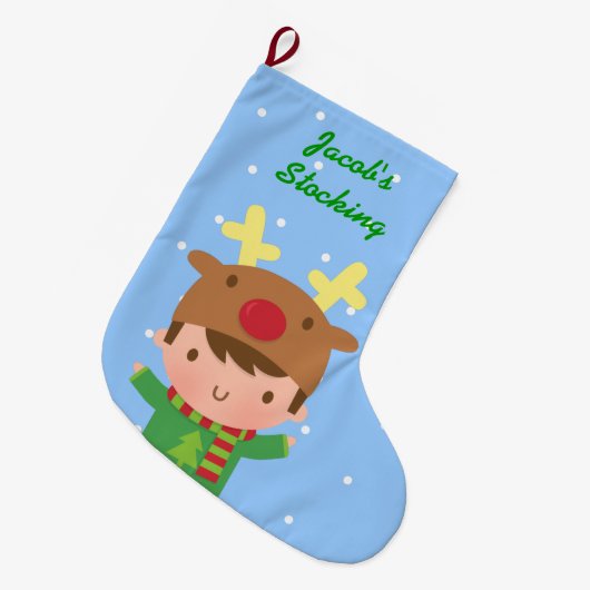 子供へかわいいトナカイの男の子のクリスマス ラージクリスマスストッキング (正面 (吊り時))
