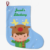 子供へかわいいトナカイの男の子のクリスマス ラージクリスマスストッキング (正面)