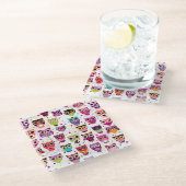 子供へかわいいフクロウの背景パターン ガラスコースター (アングル)