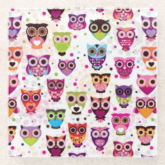 子供へかわいいフクロウの背景パターン ガラスコースター (正面)