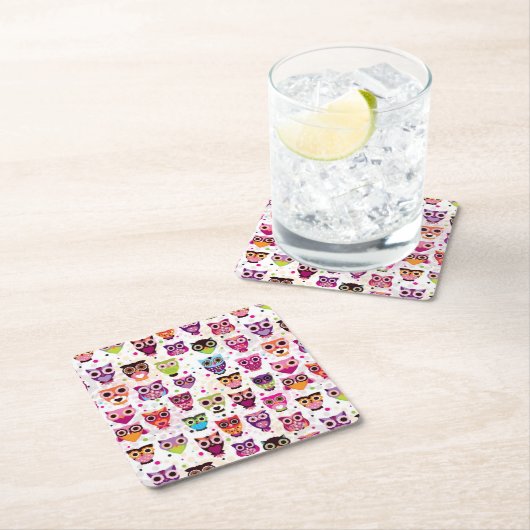 子供へかわいいフクロウの背景パターン スクエアペーパーコースター (インサイチュ)