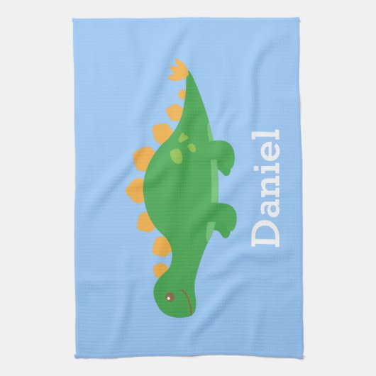 子供へかわいい緑のステゴサウルスの恐竜 キッチンタオル (縦)