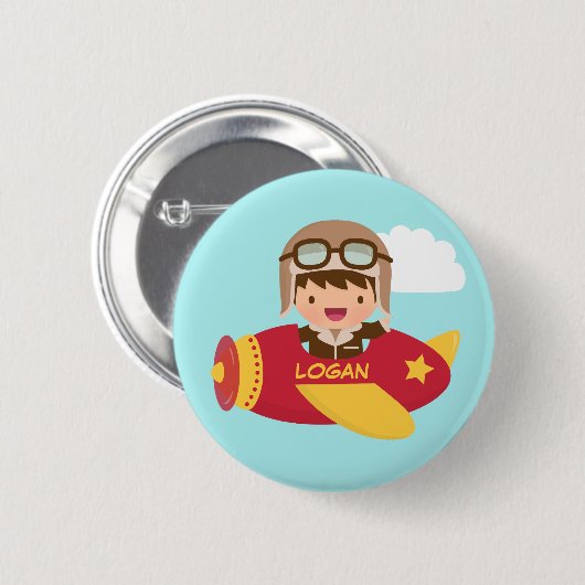 子供へかわいい飛行士の男の子の飛行機の冒険 缶バッジ (正面&裏面)