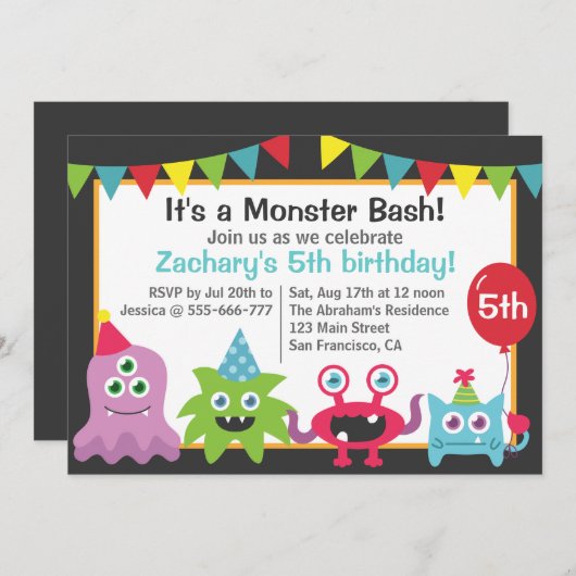 子供へかわいく小さいモンスターの誕生会の強打 招待状 (正面/裏面)