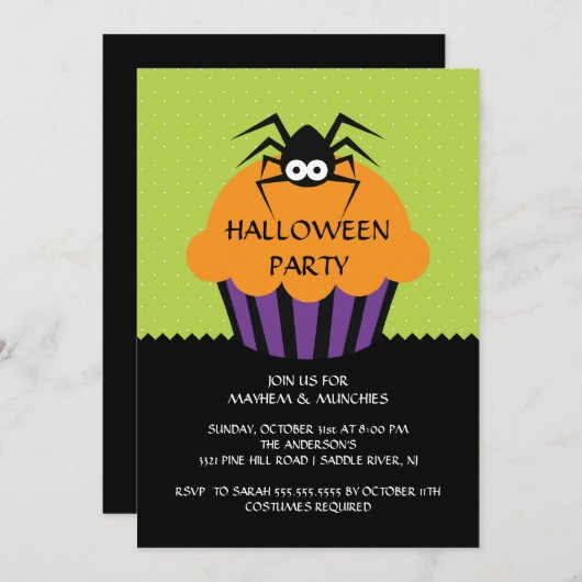 子供へくものカップケーキのハローウィンパーティの招待状 招待状 (正面/裏面)