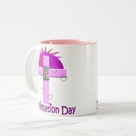 子供へカトリック教の確認日のギフト ツートーンマグカップ (正面左)