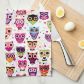 子供へカラフルなフクロウパターン キッチンタオル (四つ折り)