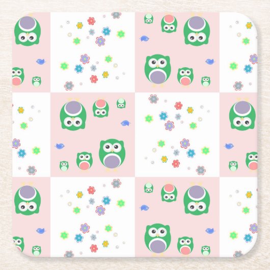 子供へカラフルなフクロウパターン スクエアペーパーコースター (正面)