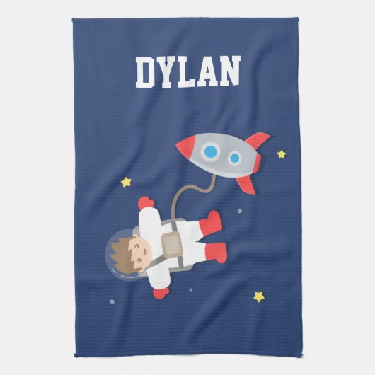 子供へロケットの船の宇宙の小さい宇宙飛行士 キッチンタオル (縦)