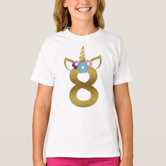 子供へ女の子8歳のユニコーンの誕生日の Tシャツ (正面)