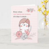 子供へ悔やみや弔慰ピンクのキティ猫と花 カード (黄色い花)