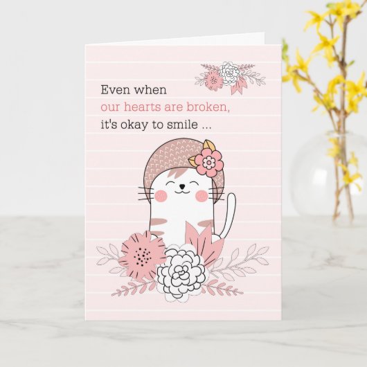 子供へ悔やみや弔慰ピンクのキティ猫と花 カード (黄色い花)