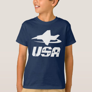 子供へ暗い濃紺のジェット戦闘機の航空機のワイシャツ Tシャツ