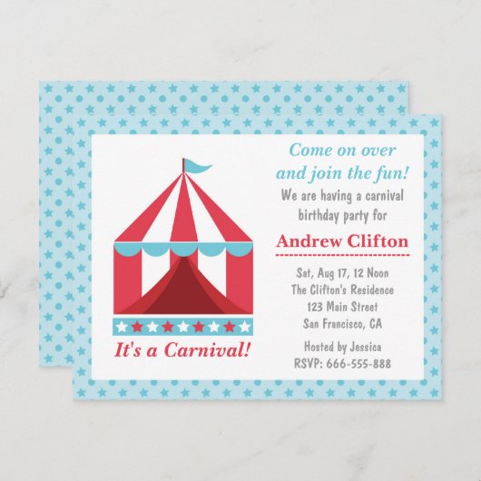 子供へ裏庭のカーニバルの誕生会のテーマ 招待状 (正面/裏面)