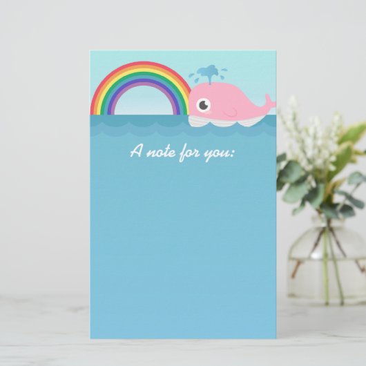 子供へ-虹を持つかわいい明るいピンクのクジラ 便箋 (スタンド正面)