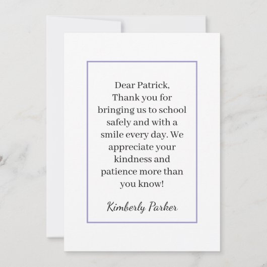 子供または家族の名前からのスクールバスの運転手へのカード サンキューカード (裏面)