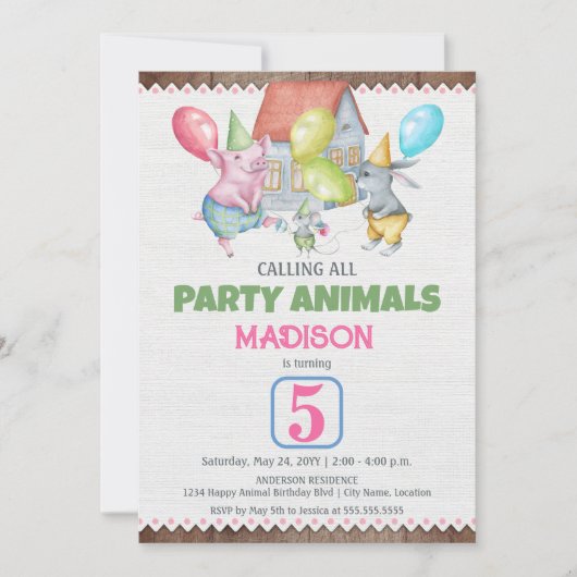 子供を子供にするおもしろいパーティー動物誕生日 招待状 (正面)