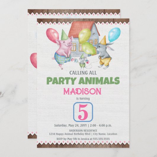 子供を子供にするおもしろいパーティー動物誕生日 招待状 (正面/裏面)
