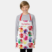 子供カラフルの絵を描指紋 エプロン (着用した状態)