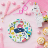 子供カラフル名付き恐竜パターン誕生日 ペーパープレート (パーティー)