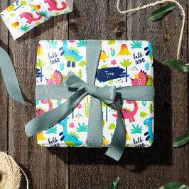 子供カラフル名付き恐竜パターン誕生日 ラッピングペーパー