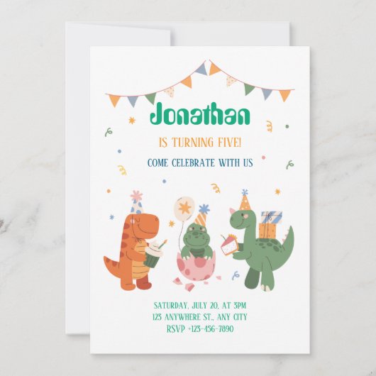 子供カラフル恐竜 招待状 (正面)
