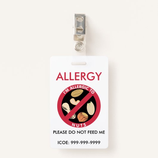 子供パーソナライズなピーナツナットのアレルギーの緊急事態 バッジ (正面クリップ)