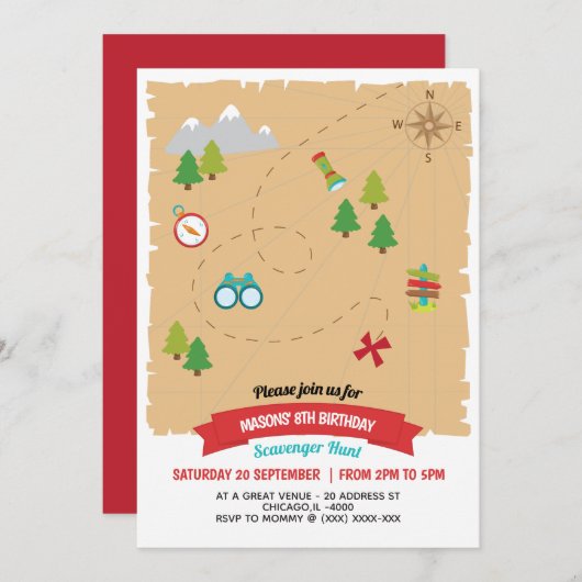 子供モダンスカベンジャー狩り誕生日パーティー 招待状 (正面/裏面)