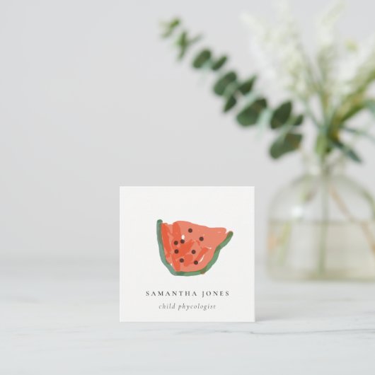 子供モダン手描きスイカ果実赤グリーン スクエア名刺 (スタンド正面)