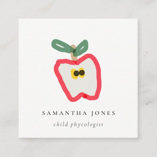 子供モダン手描きリンゴ果実赤グリーン スクエア名刺 (正面)