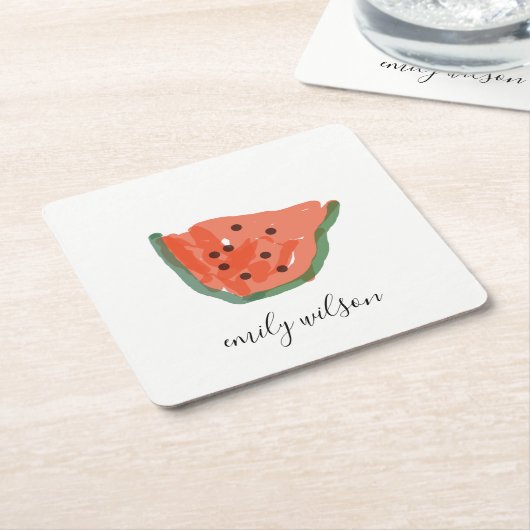 子供モダン手描き赤い緑のスイカの果実 スクエアペーパーコースター (アングル)