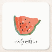 子供モダン手描き赤い緑のスイカの果実 スクエアペーパーコースター (正面)