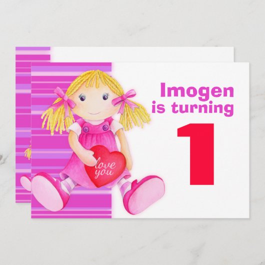 子供人形の最初の誕生日ピンクの誕生日招待状 招待状 (正面/裏面)