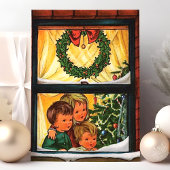 子供付きヴィンテージクリスマスウィンドウ シーズンカード