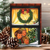 子供付きヴィンテージクリスマスウィンドウ シーズンカード