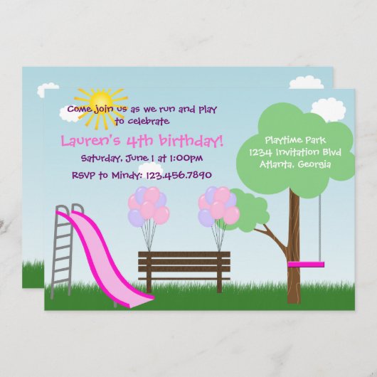 子供公園の誕生日のパーティの招待状 招待状 (正面/裏面)